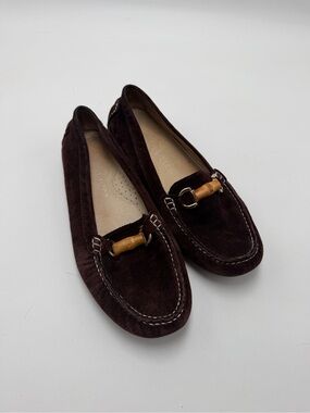 Patricia Green Suede Driving Loafers Brown Bamboo Bit Leather Womens 8.5